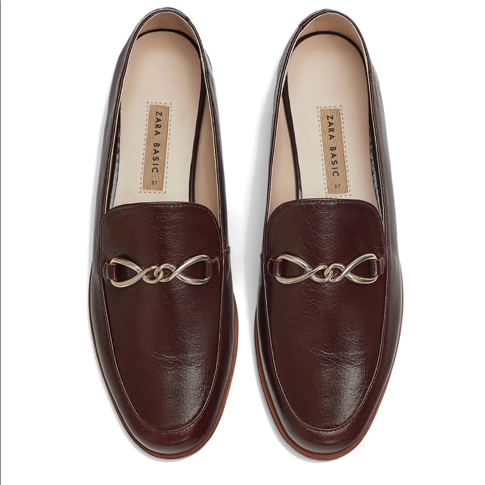 NWT Zara Brown Tobacco Leather Loafers Women's 38